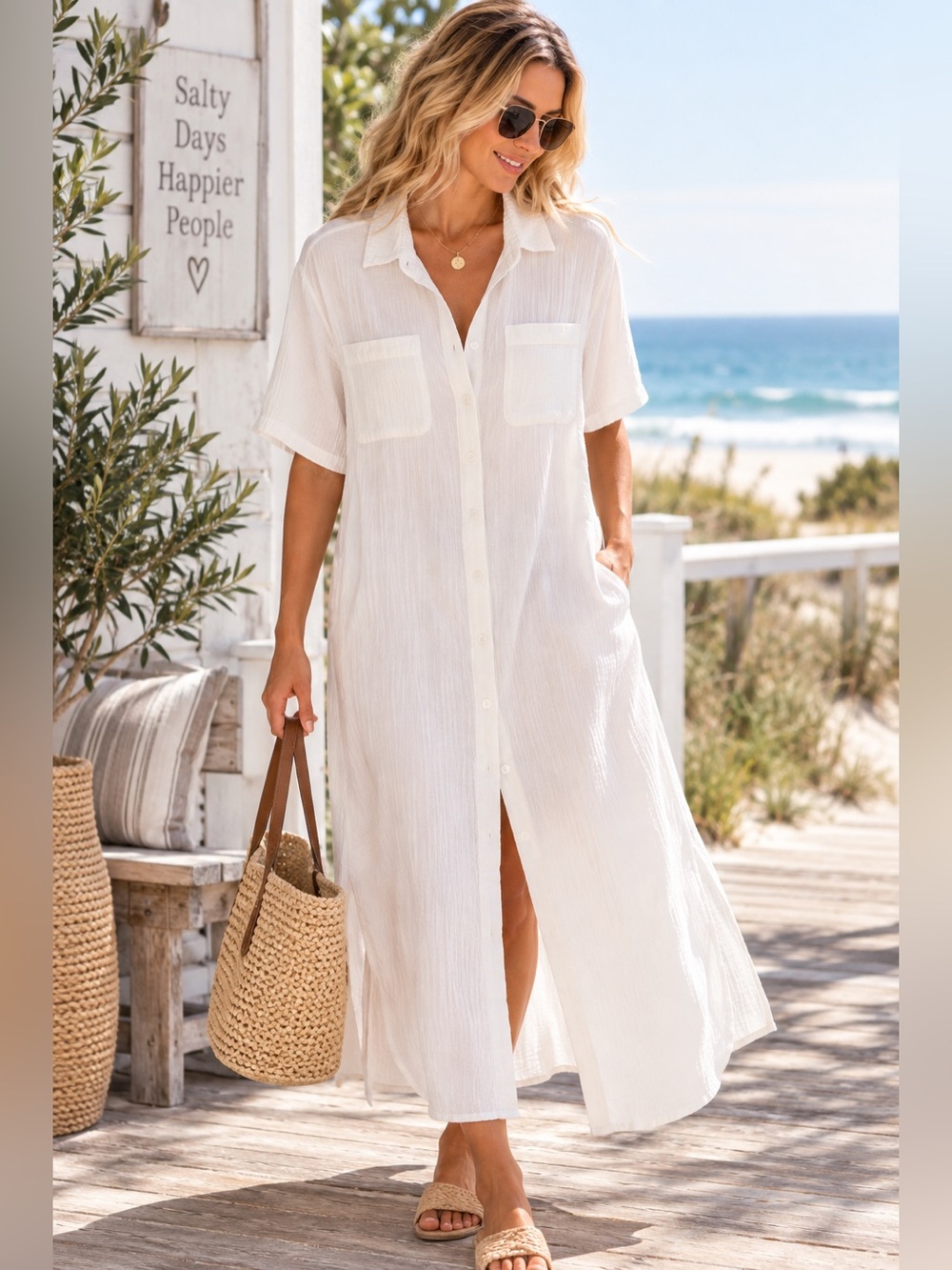 Z Supply White Cotton Gauze Maxi Shirt Dress M/L Coastal Resort Cover Up